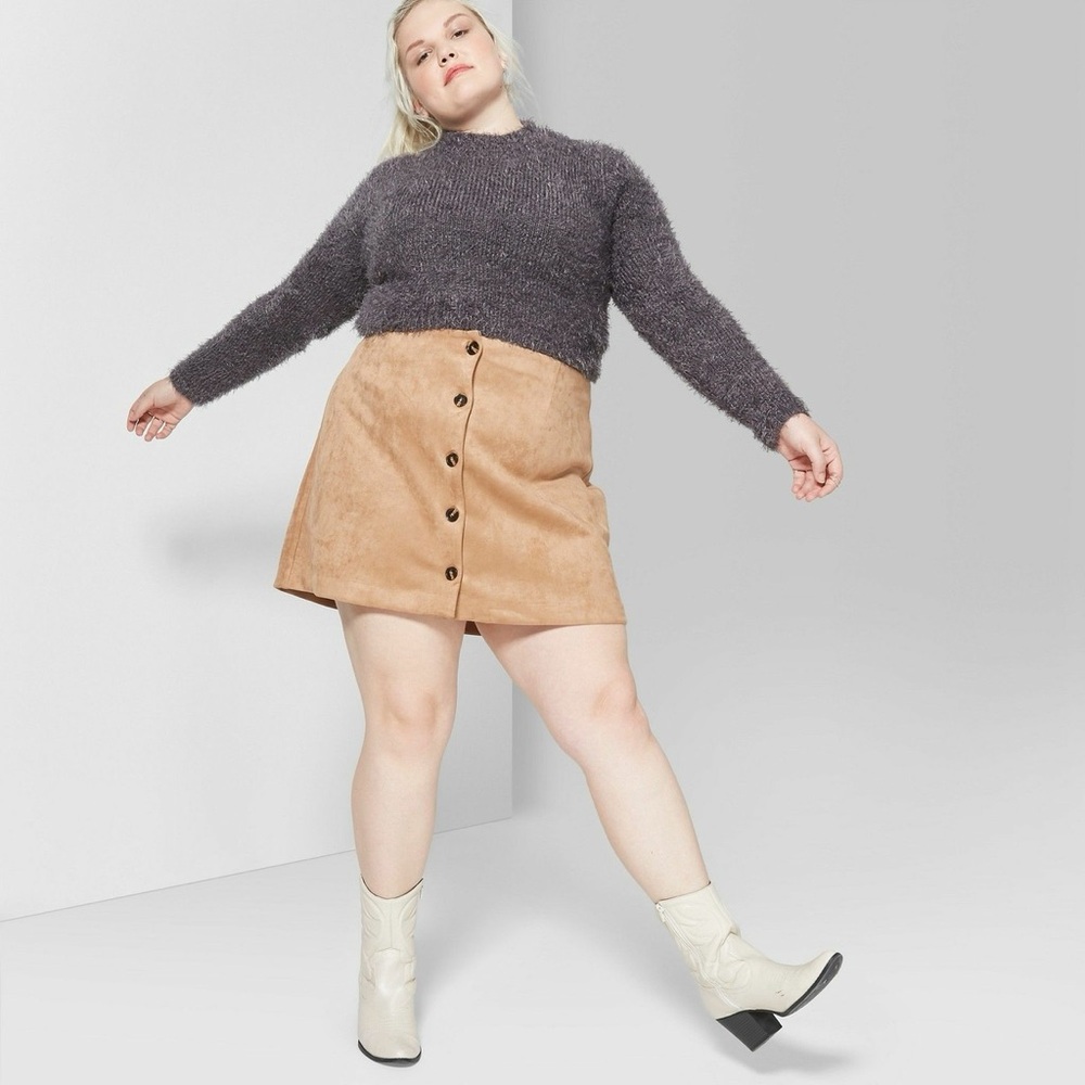 Tan Button-Front Faux Suede Mini Skirt